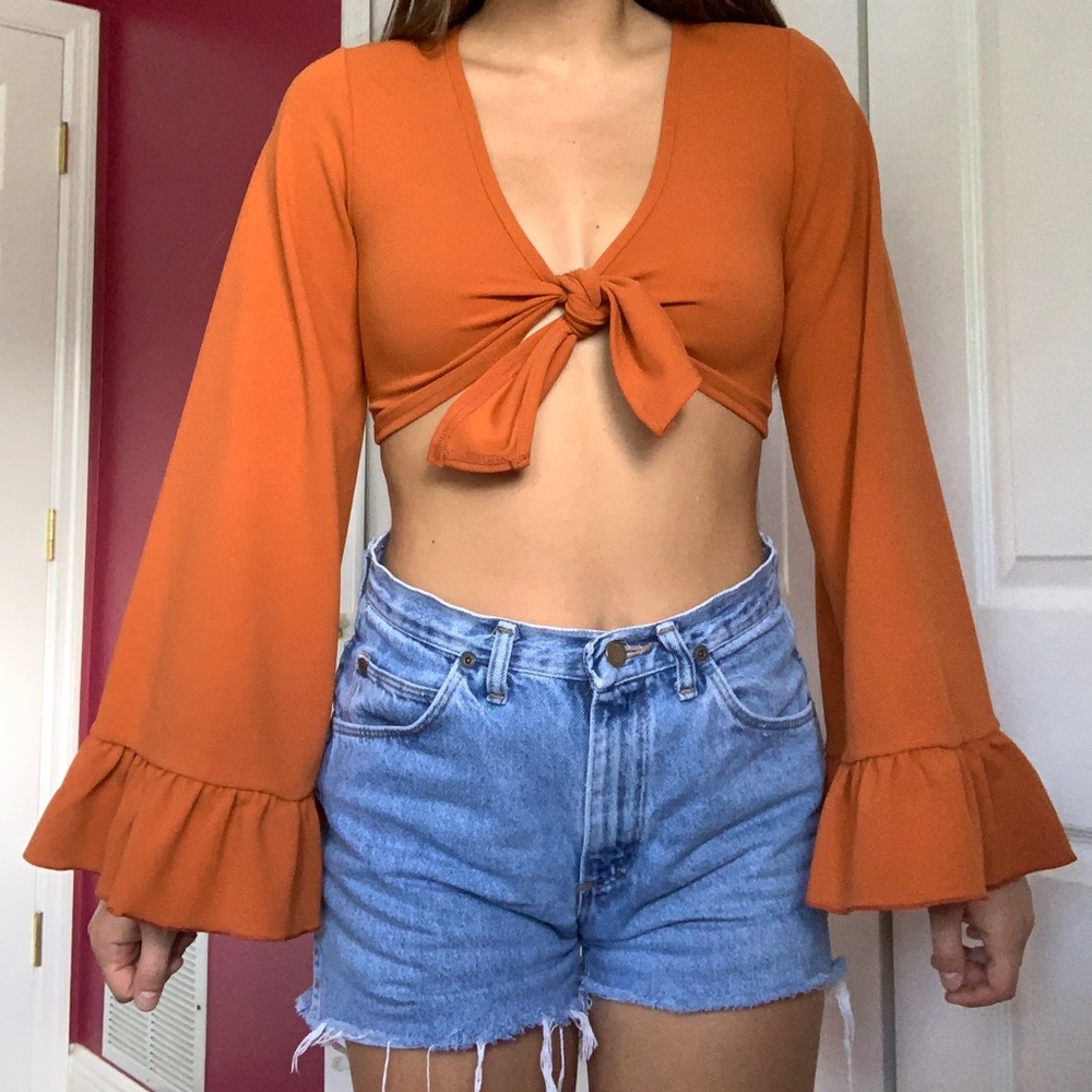 orange boohoo tie front long sleeve top